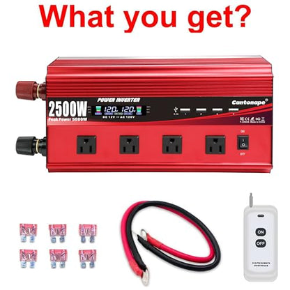 Cantonape 2500W Power Inverter 12V to 110V/120V DC to AC with LCD Display, Remote Controller 4 x AC Outlets and 4 x 3.1A USB Car Adapter for Car Truck Boat RV Solar System - size: 2500W-12V