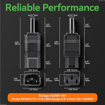 3 Pin Terminal Quick Connectors, 10A 250V IEC320 C13 Female + C14 Male Inline Power Plug Adapter Socket Connector - style: C13 +C14