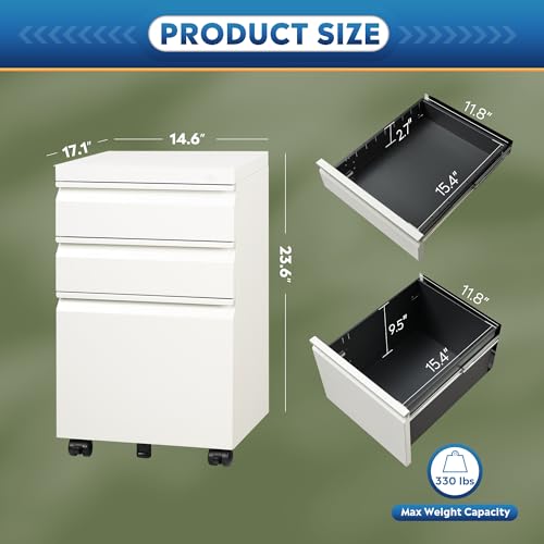 DEVAISE 3 Drawer Mobile File Cabinet with Lock, Under Desk Metal Filing Cabinet for Home Office/Legal/Letter/A4 File, Fully Assembled Except Wheels, White - color: White, size: 17"D x 15"W x 24"H