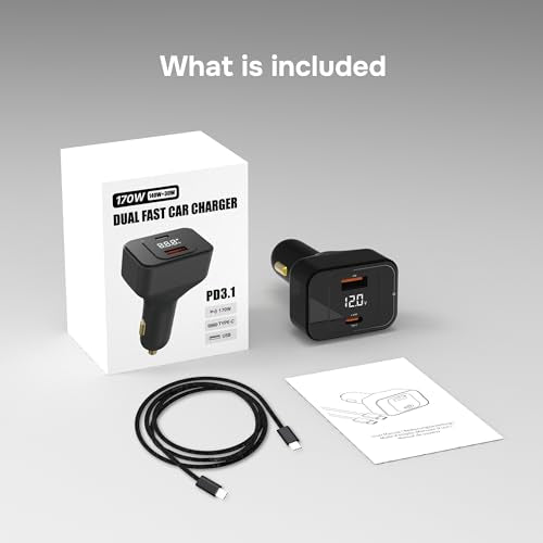 170W USB C Car Charger, Dual Port PD3.1 Adapter with LED Display & Cable | Dual Port Rapid Charging Hub (USB-C 140W, USB-A 30W), Cycling Data Monitor, Multi-Protection Chip, 3.3Ft 240W C to C Lead
