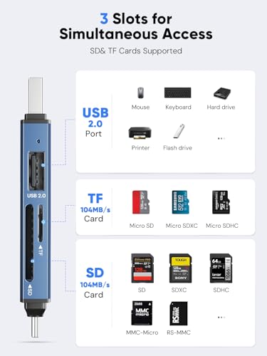 Dockteck SD Card Reader Adapter, 5G Super Speed USB3.0 SD/TF Card Reader, 3-Slot USB A/C to SD/Micro SD/USB A Memory Card Reader for UHS-I SD/Micro SD/SDHC/SDXC/MMC, with OTG for Plug&Play - color: Blue