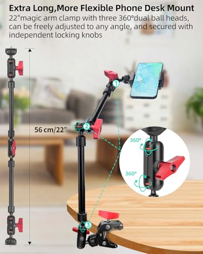 22" Magic Arm w Clamp Mount, Overhead Desk Phone Mount Stand, Adjustable Articulating Friction Camera Boom Arm w 1/4" Thread for Phone Video Light Webcam Action Camera Tripod Mic - size: 22IN-RB