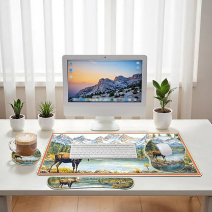 Moose Landscape Desk Mat Set Mountain Lake Large Mouse Pad with Wrist Rest 4in1 Desk Mat for Desktop Ergonomic Computer Desk Arm Wrist Anti-Slip Computer Ergonomic Mouse Pad Home Office Gaming - color: Moose Landscape