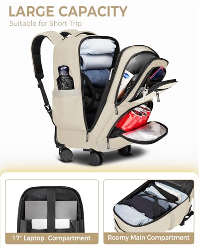 MATEIN Rolling Backpack for Women, Roller Backpack with 4 Spinner Wheels | 17 Inch Large Rolling Computer Bag with Padded Shoulder Straps, Water Resistant Wheeled Carry On Bag for Business Travel