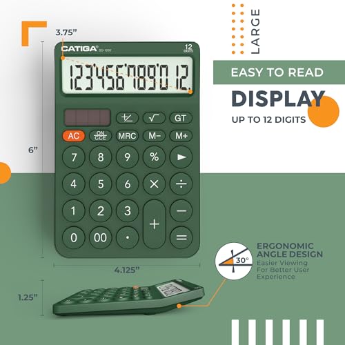 CATIGA 12 Digit Desktop Calculator Basic Desk Calculator with Large LCD Display, Big Buttons, 4 Function, Solar and Battery Dual Power, for Office, School, Home, SD-1292 Green - color: 6) Green