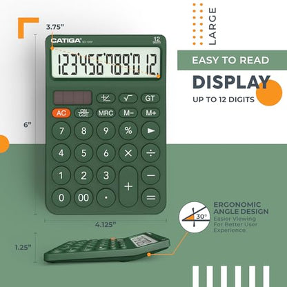 CATIGA 12 Digit Desktop Calculator Basic Desk Calculator with Large LCD Display, Big Buttons, 4 Function, Solar and Battery Dual Power, for Office, School, Home, SD-1292 Green - color: 6) Green