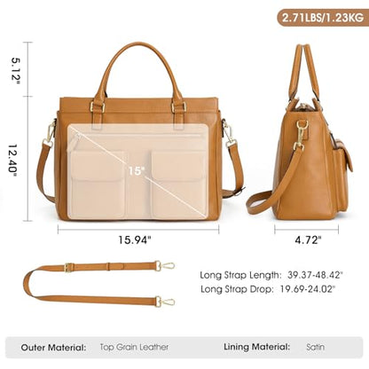Kattee Leather Briefcase for Women, 15 Inches Laptop Bag, Work Tote with Luggage/Shoulder Strap - color: Brown