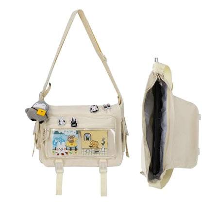Kawaii Crossbody Ita Bag for Women with Pin and Plush Penguin, Cute Messenger Bag Japanese Crossbody Bag Y2K Purse - color: Beige, size: Medium-Compact