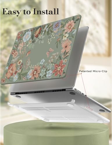 iCasso for M5 MacBook Air 13 inch Case 2026 2025-2022 M4 M3 M2 Model A3449 A3240 A3113 A2681, Sturdy Protective Pattern Shell Case for Mac Air 13.6", Keyboard Cover + Screen Protector,Green Flowers - color: Green Flowers