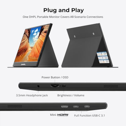 Portable Monitor for Laptop, 15.6-inch FHD 1080P 60Hz IPS Matte Screen, Laptop Screen Extension, USB-C & Mini HDMI, VESA Mount Support, Compatible with PC, MacBook, Switch, PS4/5, Xbox