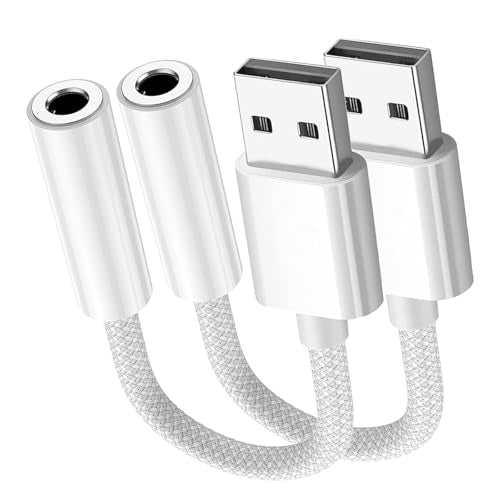 Fidioto 2 Pack USB A to Audio Jack Adapter, White Braided Cable USB to 3.5mm Adapter Compatible with Speaker, Headphone,PC,Laptop,Linux,Desktops,PS4 and More Devices - size: 2 Pack