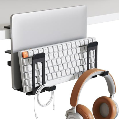 Laptop Stand Vertical, 2-Slot Under Desk Laptop Holder, Black | Desk Side Storage with Headphone Holder, Laptop Organizer for Office Gaming - color: Black