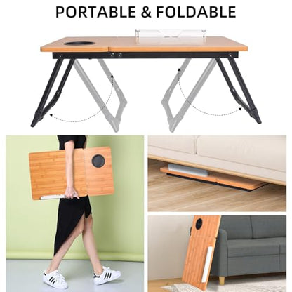 Adjustable Laptop Bed Table with Book Stand, Portable Reading Desk with Side Panel, Wood Grain - color: Bamboo Wood