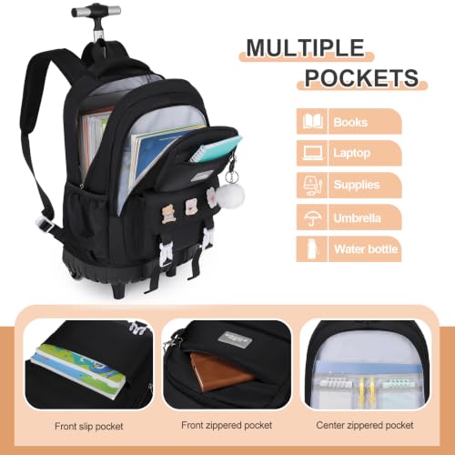 DIGOBAY Rolling Backpack for Girls, Roller Bag with Lunch Box Pencil case | Kawaii Girls Roller Backpack With Wheels School Bookbag With Cute Pins for Elementary Middle School, Black - color: Black