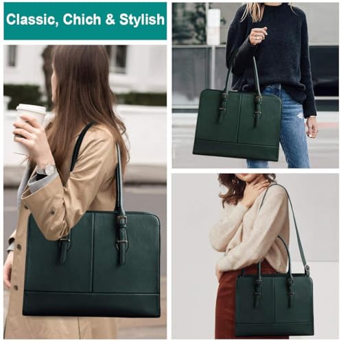 Laptop Bag for Women 15.6 Inch Leather Work Tote Briefcase Business Computer Shoulder Bag Large Capacity Waterproof Office Messenger Handbag Professional Teacher Nurse Carryall - color: Deepgreen