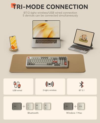 DAREU EK98pro Wireless Mechanical Keyboard,Tri-Mode BT/2.4GHz/USB-C Creamy Gaming Keyboard with Number Pad,Pre-lubed Linear Switches,Gasket Structure,Hot Swappable Custom,RGB Backlit for Win/Mac - color: Retro Beige