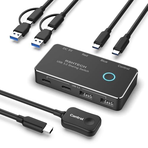 RSHTECH USB 3.2/USB C Switch 10Gbps 2 Computers Share 4 Devices, RSH-A201C | USB Switcher Selector with USB 3.2 Ports(2 USB-A+2 USB-C), 2 Cables and Controller for PC Laptop, No Video Output or Charging