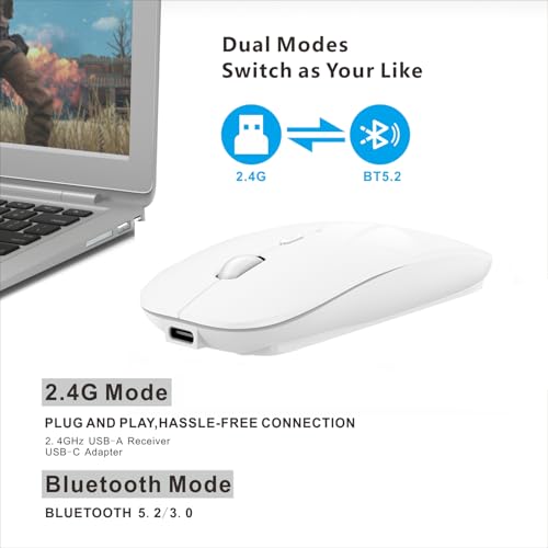 HOTDREAM Bluetooth Wireless Rechargeable Mouse for MacBook Pro/Air/iPad Air/iPad Pro/Laptop/Tablet/iPhone/PC, Bluetooth 5.2/3.0 and 2.4GHz Dual Mode Mouse (White) - color: white
