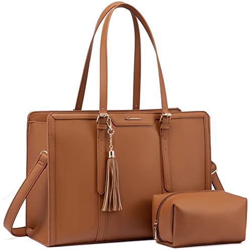 LOVEVOOK Laptop Bag for Women 15.6 inch Lightweight PU Laptop Tote, Large Capacity Computer Bag with Clutch Purse for Business, Work, Office, Travel, School, Casual (Brown & Leather) - color: Brown & Leather, size: 15.6 Inch