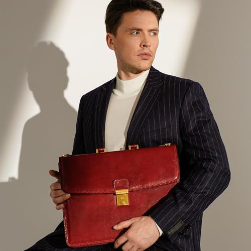 Time Resistance Leather Briefcase - Italian Handmade Leather Laptop Bag - Handbag for Men - Professional Computer Case - color: Red