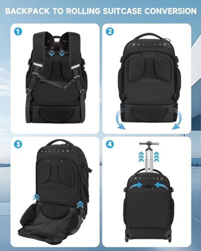 2-in-1 Detachable Backpack with wheels,56L Large rolling backpack-Splits into Daypack & Laptop Backpack Fits 17 Inch Laptop,Water Resistant Luggage suitcase,Air Travel,Weekend Trips - color: Black