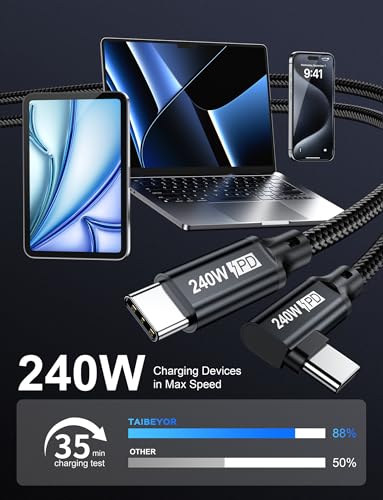 240W USB C to USB C Cable 0.5FT,PD 3.1 Type C to C 5A Fast Charging Cable Right Angle for MacBook Pro/Air,iPad Pro/Air/Mini,iPhone15/15Pro/15Plus/15ProMax,Samsung S24/S23/S22,Surface Book2,Pixel - style: 90° Right Angle