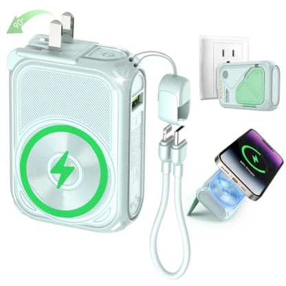 SEANCHEER P05 Portable Charger, Magnetic Power Bank, Small PowerBank, Battery Pack10000mAh Travel Essentials Fast Charging with Built in Cable, Foldable Wall Plug for iPhone,Samsung,Andriod (Green) - color: Green