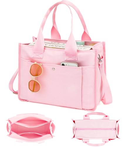Fammart Large Canvas Tote Bag for Women with Zipper & Compartments, Crossbody Laptop Bags for Work College Travel - color: Pink