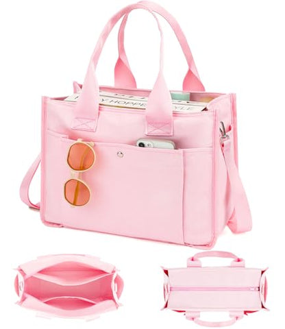 Fammart Large Canvas Tote Bag for Women with Zipper & Compartments, Crossbody Laptop Bags for Work College Travel - color: Pink