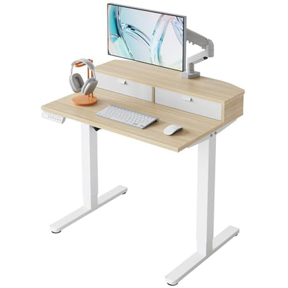 HUANUO 32" X 21" Electric Standing Desk with 2 Drawers, C-Clamp Mount Compatible, Height Adjustable Computer Desk, Home Office Stand Up Desk with 4 Preset Heights & 2 Hooks, Light Walnut - color: Light Walnut, size: 32" X 21"