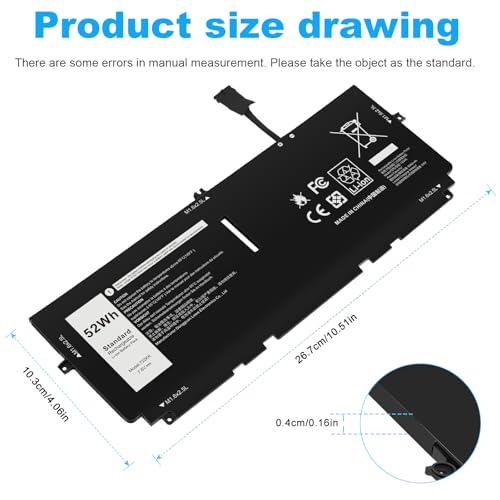 52Wh FP86V 722KK Laptop Battery Replace for Dell XPS 13 9300 (2020 Edition) XPS 13 9310 (2020 Edition) XPS 13 9380 (2020 Edition) P117G P117G002 P117G001 Series Notebook 02XXFW 2XXFW 0WN0N0 WN0N0 - size: 10.51*4.06*0.16inch 722KK