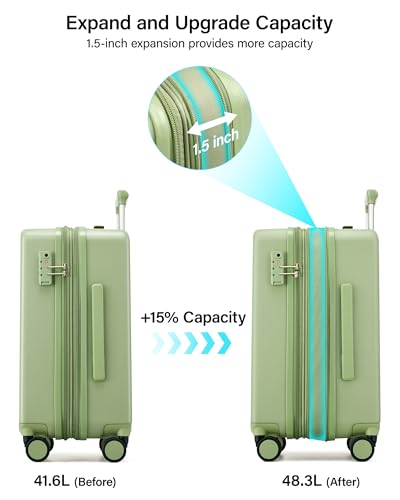 Hanke 20 Inch Expandable Carry On Luggage, Hard Shell with Side Hook | PC Hard Shell, Overhead Bin, Expandable Up to 15%, 8 Spinner Wheels, TSA Lock, Lightweight, Weekend Getaway - color: Bamboo Green, size: 20 Inch EXT