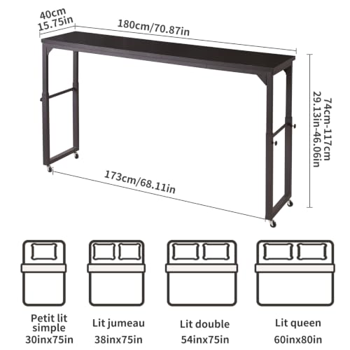 Aibiju Overbed Table with Wheels, Mobile Bed Desk with Adjustable Height, Rolling Table, Laptop Table, Recliner Desk, for Bedroom, Living Room, Office, Black YD-BT001B - color: Black