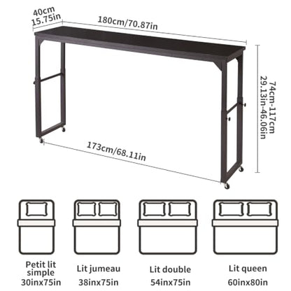Aibiju Overbed Table with Wheels, Mobile Bed Desk with Adjustable Height, Rolling Table, Laptop Table, Recliner Desk, for Bedroom, Living Room, Office, Black YD-BT001B - color: Black