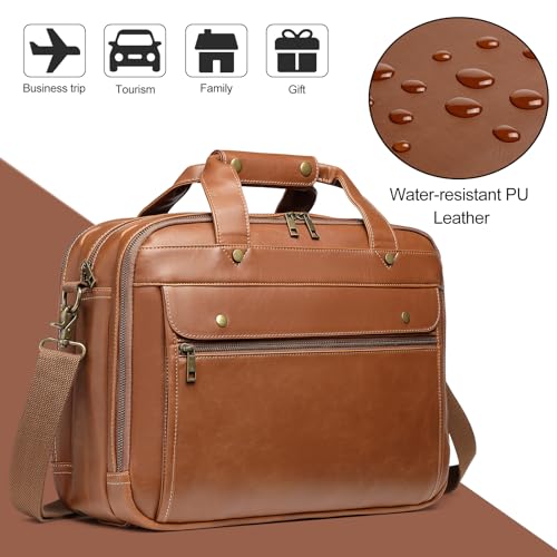 Bosidu Leather Briefcases for Men 15.6 Inch Laptop Messenger Bag with Triple Compartments Water-Resistant Computer Shoulder Bag for Business, Travel, Work, Office, Coffee - color: Coffee