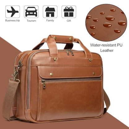 Bosidu Leather Briefcases for Men 15.6 Inch Laptop Messenger Bag with Triple Compartments Water-Resistant Computer Shoulder Bag for Business, Travel, Work, Office, Coffee - color: Coffee
