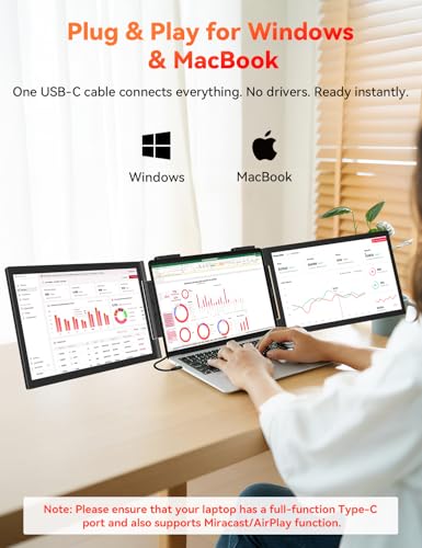 One Cable Connetion 14“ 1080P Laptop Screen Extender (Windows & Mac) | Hybrid USB-C HDMI Wired & Wireless Travel Extended Display, Triple Monitor for 12-16.5" Laptop, Support MacBook M1/M2/M3