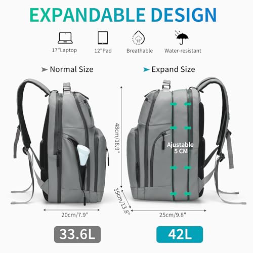 Expandable Business Backpack with 17" Laptop Compartment - Waterproof, Airline Approved, 33L-42L Capacity, for Work & Travel, Gray - color: Gray