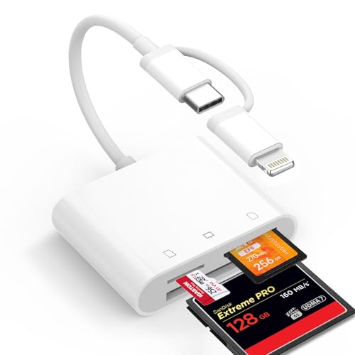 CF SD Card Reader for iPhone iPad Mac Dual Connector (Lightning & USB C), Digital Camera Memory Card Adapter to iPhone with Compact Flash/SD/MicroSD 3 Slot, Plug&Play for Android Phone Laptop