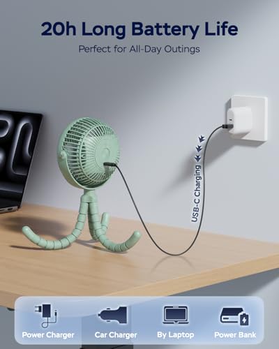 AMACOOL Baby Stroller Fan - 5000mAh Rechargeable, 3-Speed, Strong Yet Quiet, 360°Rotate Portable Clip on Fan for Travel, Car Seat, Crib, Bike, Treadmill, Beach Vacation Essentials - color: Green