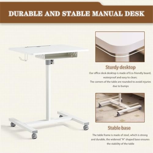Portable Bedside Table with Drawer, Standing Desk with Wheels, Height Adjustable Laptop Desk, Movable Sofa Side Table, Easy to Install(White) - color: White