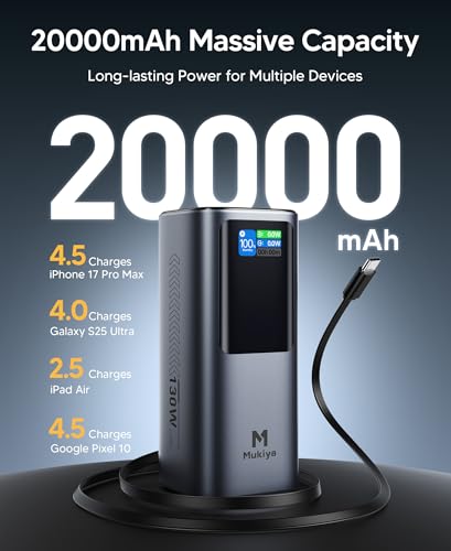 Mukiya 130W 20000mAh Power Bank with Retractable Cable & Stand | Mukiya power bank with built-in usb c cable, retractable phone stand, portable laptop charger, travel essentials