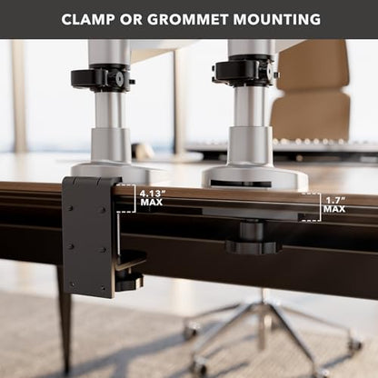 Mount-It! CLiX Monitor & Laptop Desk Mount w/Cooling Fan, Silver | TAA-compliant gas spring arm fits 13-32" monitor + 17" laptop, VESA 75x75/100x100, full motion aluminum, dual-screen ready.