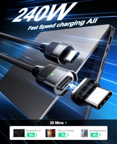 USB C Magnetic Charging Cable 240W [2Pack, 6ft] 24Pin USB C Magnetic Cable to USB C Fast Charger Data Cable, Magnetic Tip Fit All USB-C Cable for iPhone 17 16 15 Pro Max iPad MacBook, Sumsung,Laptop - size: 6FT