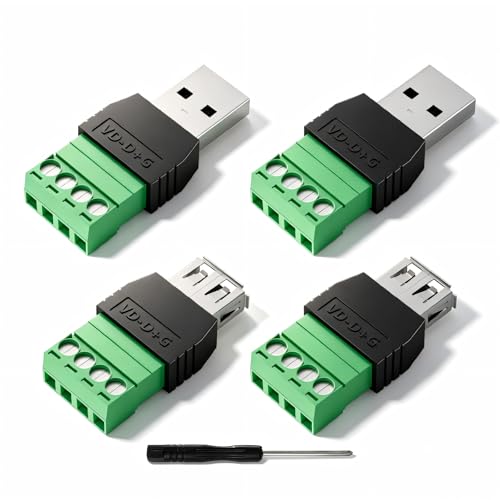 USB 2.0 Type A Male/Female to 4 Pin Screw Terminal Block Connector | Solderless Pluggable Adapter Kit for DIY Electronics Repair, Breakout Board for Data/Power Cable Extension 4-PCS - color: 2-PCS Male+2-PCS Female