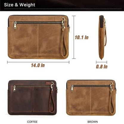 Top Grain Leather 14.2" Laptop Case Bag, Zip Pockets Design, Compatible with MacBook Air 13" M2 A2681 M1 A2337 A2179 A1932/Pro 13" M2 M1 A2338 A2251 A2289 A2159 A1989 A1706, Coffee 14.2 Inch - color: 【Bag】Horizontal Zip & 2 Pockets - Coffee, size: 14.2" -