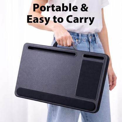 Cyberguys Comfort Lap Desk for Laptop up to 15.6 in – Black Carbon Fiber Overlay Surface with Mouse Pad, Phone & Tablet Slot, Dual Cushion Base, Wrist Rest & Carry Handle for Bed Desk Couch Sofa - color: Black With Carbon Fiber Overlay