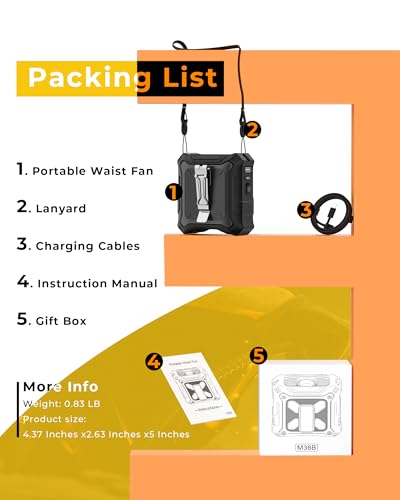 TUNISE Portable Fan with 5-Speed Settings, Dual-Sided Clip on Wearable Belt Waist Fan for 8000mAh, 2 Settings including Flashlight,Travel Essential for Outdoor Camping as Power Bank