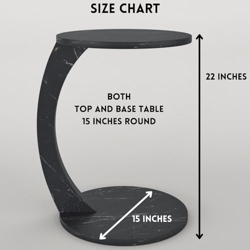 C Shaped End Table for Couch Small Places, Faux Marble Black Space Saver Round Side Table for Sofa and Bedside with Wheels, Coffee and Eating Snack Time Tray for Living Room, Office - color: Black
