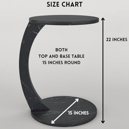 C Shaped End Table for Couch Small Places, Faux Marble Black Space Saver Round Side Table for Sofa and Bedside with Wheels, Coffee and Eating Snack Time Tray for Living Room, Office - color: Black